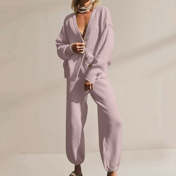 Sriper Womens 2 Piece Sets Waffled Knit Baggy Comfy Outfits Long Sleeve Drop Shoulder Sweater Cardigan Button Down Lounge Outerwear High Waisted Thermal Wide Leg Pants 2025 Trendy Matching Clothes