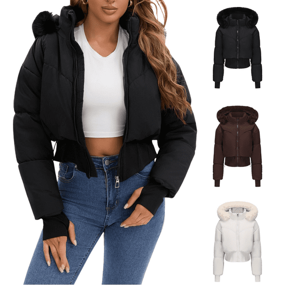 Sriper Womens Cropped Padded Jacket Zip up Thick Warm Quilted Jackets Thermal Fashion Fuzzy Hooded Outerwear with Thumb Hole 2025 Winter Windproof Puffy Coats Fit Casual Motorcycle