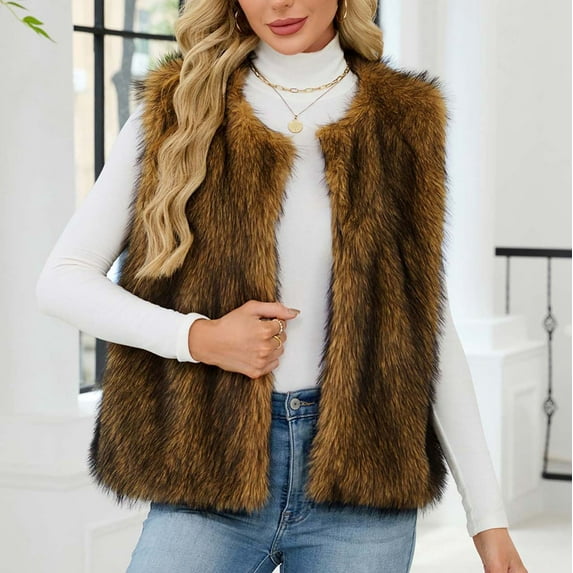 Sriper Womens Faux Fur Vest Vintage Thermal Sleeveless Jacket Fuzzy Fleece Coat Thick Warm Open Front Outerwear Soild Color Winter Fashion Clothes Casaul Outfits Fit Cold Weather
