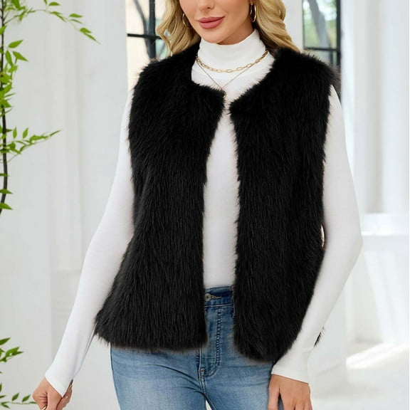 Sriper Womens Faux Fur Vest Vintage Thermal Sleeveless Jacket Fuzzy Fleece Coat Thick Warm Open Front Outerwear Soild Color Winter Fashion Clothes Casaul Outfits Fit Cold Weather