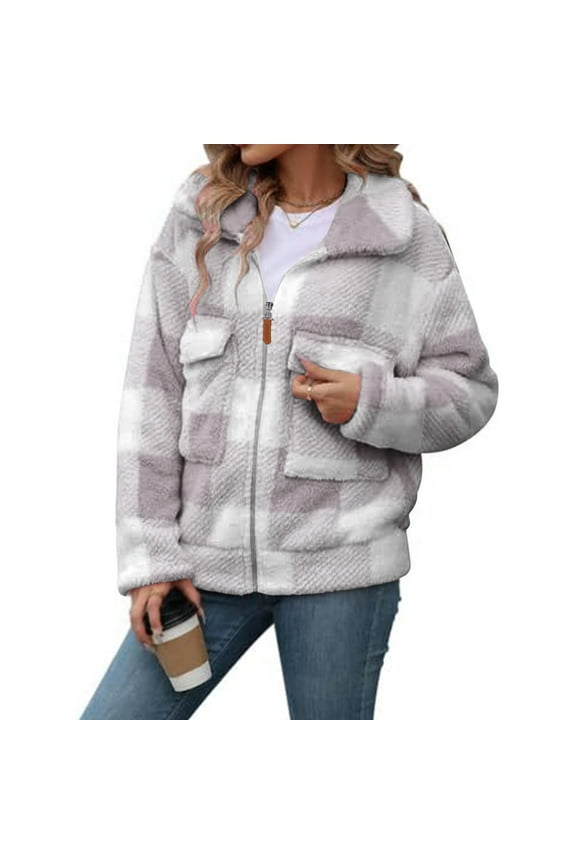 Womens Fleece Jacket Sherpa Lined Zip Up Plaid Flannel Coat Cardigan Coats Ladies Jackets Lightweight Outerwear White L Fall Plus Size Tops 5X