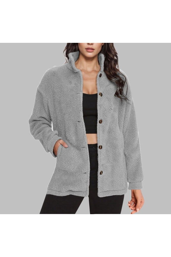 Womens Fleece Jacket Thermal Stand Collar Button Down Coats Fuzzy Warm Long Sleeve Outwear with Pockets Winter Lounge Comfy Clothes Fit Gym Workout