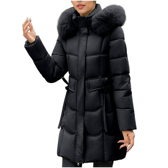 Sriper Womens Long Winter Coat Faux Fur Hood Zip up Thermal Padded Jacket Long Sleeve Stand Collar Windproof Puffer Coats Soild Color Thicken Warm Casual Fashion Outerwear 2025 with Pockets