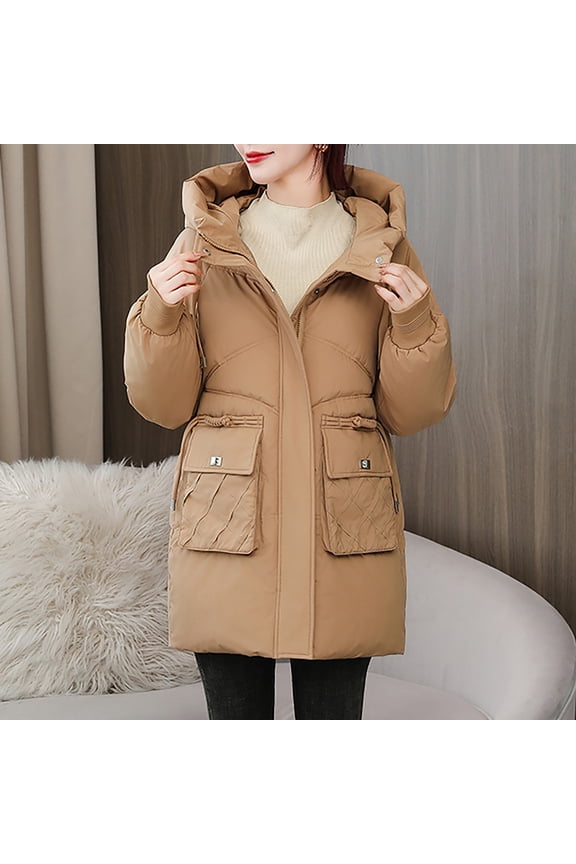 Womens Winter Padded Jacket Mid Length Drawstring Hooded Zip up Quilted Coats Thermal Long Sleeve Stand Collar Down Jackets Oversized Soild Fashion Windproof Outerwear with Pockets 2025