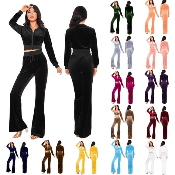 Sriper Workout Set Women Velvet Lounge 2 Piece Outfits Zip Up Long Sleeve Crop Hoodie Soild Color Lapel Sweatshirt High Waisted Comfy Flared Pants with Pockets Fall Winter Trendy Tracksuit Streetwear