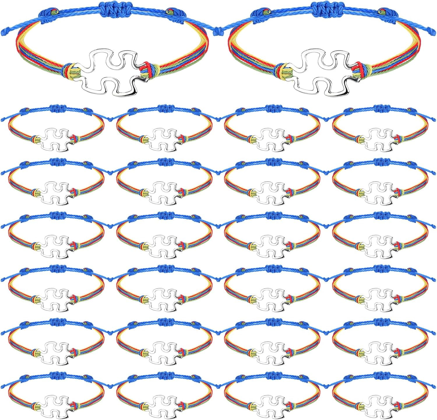 Srix 24 Pcs Autism Awareness Bracelet Braided Adjustable Colorful Autism Bracelet Puzzle Piece Stretch Charm Bracelet Men Women's Jewelry Appreciation Gift for Autistic Population A416