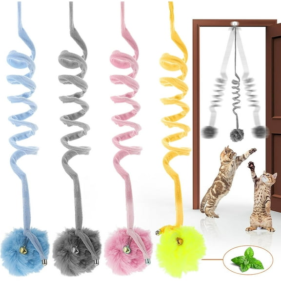 Srix 4pcs Hanging Cat Toys, Elastic Cat Spring Toys for Indoor Cats, Interactive Toys for Cats, Cat Balls with Bell, Cat Toys for Bored Indoor Adult Cats, Cat Toy Springs in Pink, Blue, A605