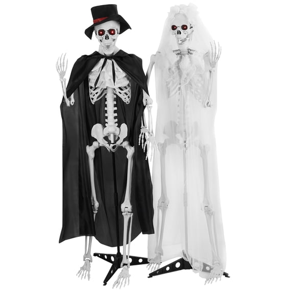 Sroemg 5.4Ft Posable Bride & Groom Skeleton with Glowing Eyes & Sound, 1 Pair 65" Halloween Skeleton, Outdoor/Indoor Haunted House Props for Yard, Party