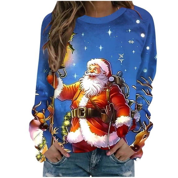 Srogem 2024 Women's Ugly Christmas Sweatshirt Funny Cute Xmas Tree Reindeer Snowman Top Long Sleeve Crew Neck Sweatshirt