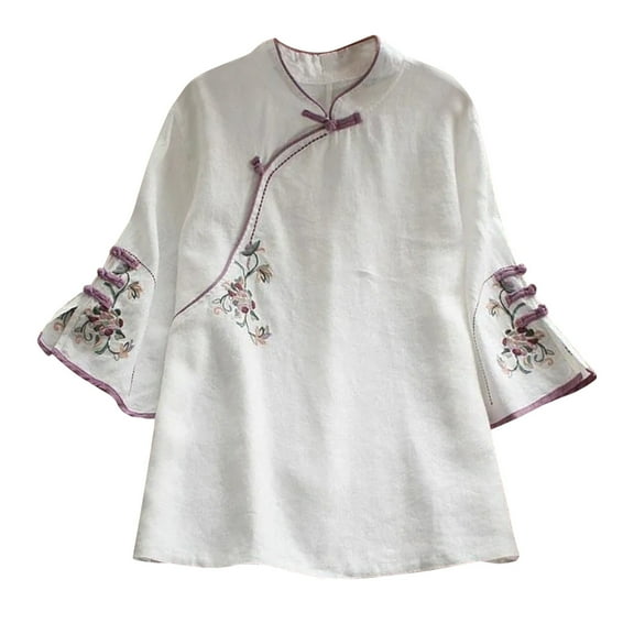 Srogem Cotton Linen Tops Summer 3/4 Sleeve Chinese Frog Blouses Traditional Mandarin Embroidered Jacquard Shirts
