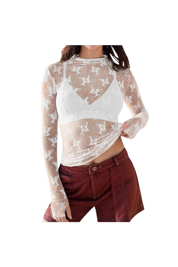 Lace Tops for Women Long Sleeve Floral Lace Blouse Sheer Mesh Mock Neck Layering Top Party Club Night Blouse