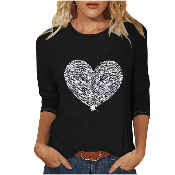 Srogem Shirts for Women Loose Crewneck Heart Print Outfits Basic Baggy Long Sleeve Pullover Tops Lovers' clothes