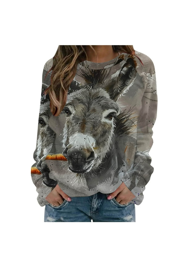 Women 3D Donkey Graphic Sweatshirt Vintage Oil Paint Print Shirt Classic Crewneck Pullover Casual Long Sleeve Top