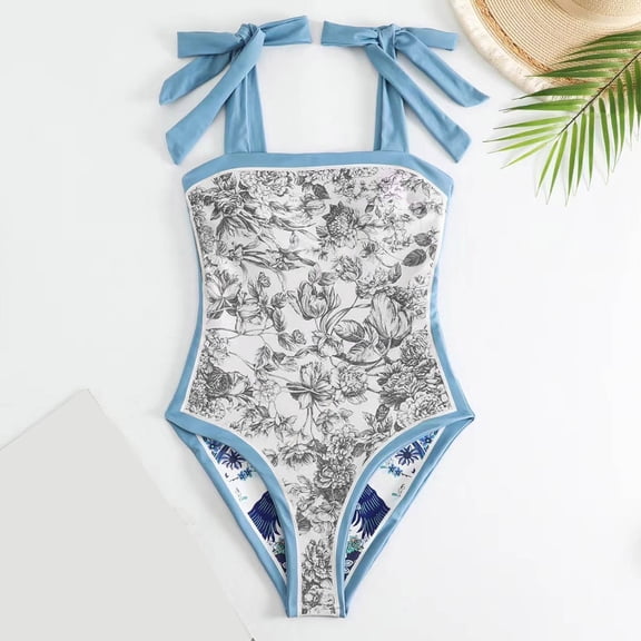 Srogem Women Floral One Piece Swimsuits, Square Neck Reversible Tie Shoulder Monokini, Tummy Control Bathing Suits