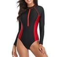 thumbnail image 1 of Srogem Women Long Sleeve Rash Guard One Piece Swimsuit Zipper Surfing Bathing Suit UPF 50 Front Zip Colorblock Swimsuit, 1 of 8