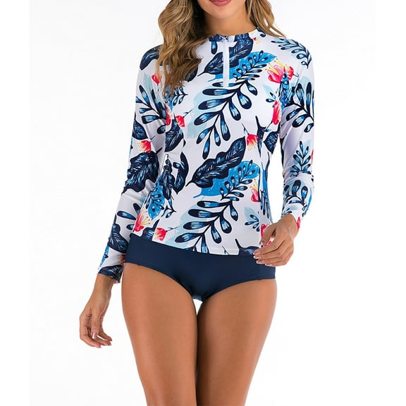 Srogem Women's 2 Piece Rash Guard Long Sleeve Zipper Bathing Suit with Bottom Swimsuit Sun Protection Swimwear