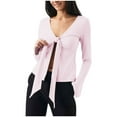 thumbnail image 1 of Srogem Women's Deep V Neck T-Shirt Y2K Bow Tie Open Front Shirt Long Sleeve Lace Sexy Fitted Crop Top, 1 of 7