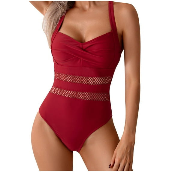 Srogem Women's Full Coverage Mesh Swim Suits Sexy One Piece Bathing Suits Slimming V Neck Swimwear Modest Tummy Control