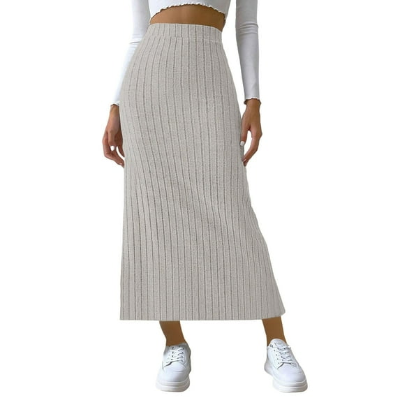 Srogem Women's Solid Sweater Skirts High Waist Rib Knit Pencil Midi Skirts Skinny Casual Long Skirts