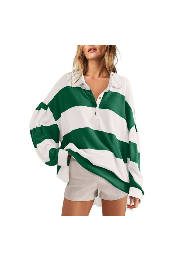 Women's Striped Polos Color Block Long Sleeve Lapel Button Down Neck shirts Casual Sweatshirt