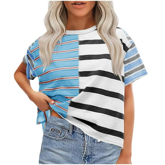 Srogem Womens 2025 Oversized Short Sleeve Sweatshirt Striped Shirt Crewneck Pullover Loose Crop Tops