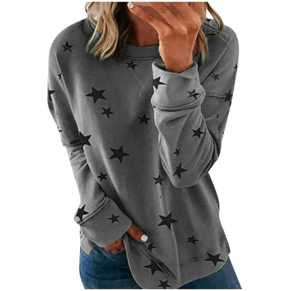 Srogem Womens Crew Neck Star Graphic Pullover Tops Spring Fall Casual Long sleeve Oversized Sweatshirt