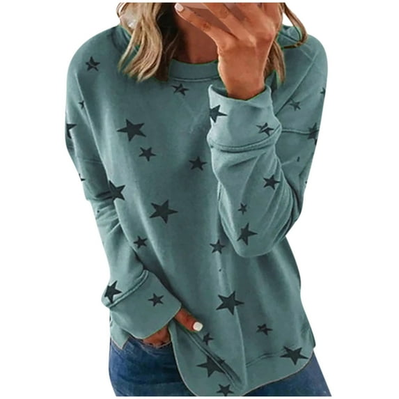 Srogem Womens Crew Neck Star Graphic Pullover Tops Spring Fall Casual Long sleeve Oversized Sweatshirt