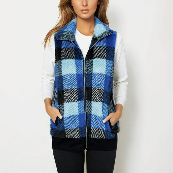 Srogem Womens Plaid Fleece Vest Casual Sleeveless Fuzzy Sherpa Vest Fluffy Zip Jacket Warm Outerwear