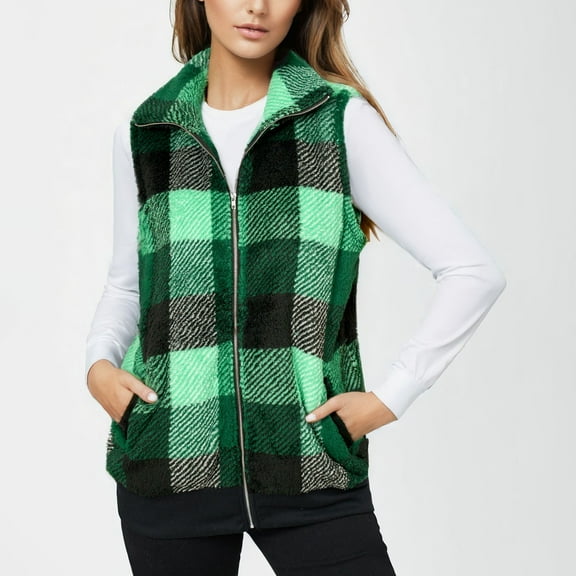Srogem Womens Plaid Fleece Vest Casual Sleeveless Fuzzy Sherpa Vest Fluffy Zip Jacket Warm Outerwear