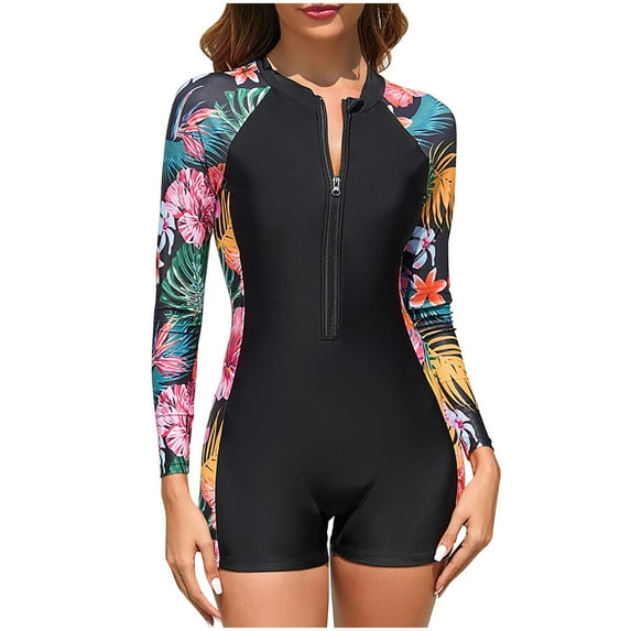 Srogem Womens Rash Guard Long Sleeve One Piece Swimsuits Zipper Front with Boy Shorts Swim Shirt Uv Protection UPF 50