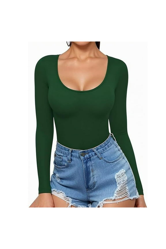 Womens Scoop Neck Long Sleeve Tops Low Cut Slim Fitted Shirts Casual Tee Shirt Stretchy Basic T Shirt Tops