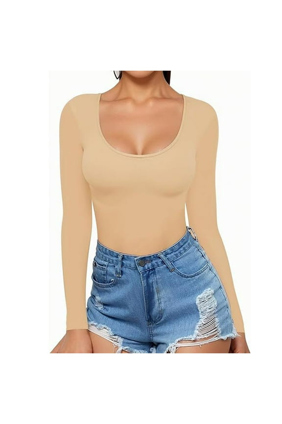 Womens Scoop Neck Long Sleeve Tops Low Cut Slim Fitted Shirts Casual Tee Shirt Stretchy Basic T Shirt Tops