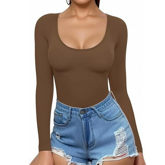 Srogem Womens Scoop Neck Long Sleeve Tops Low Cut Slim Fitted Shirts Casual Tee Shirt Stretchy Basic T Shirt Tops