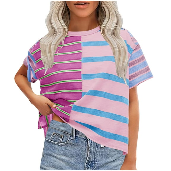 Srogem Womens T Shirts Summer Short Sleeve Striped Color Block Loose Fit Tops 2025 Trendy Clothes