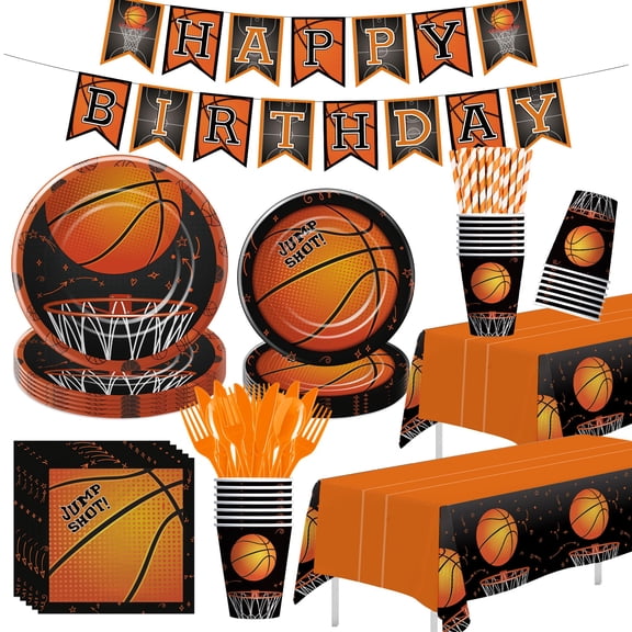 Srua Don Basketball Party Decorations Tableware - Sports Theme Basketball Birthday Party Supplies, Paper Plate, Cup, Napkin, Tablecloth, Disposable Cutlery, Banner | Serves 24 Y114
