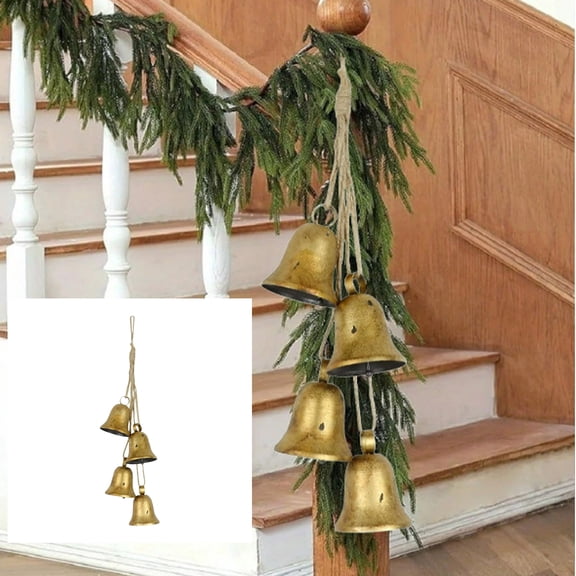Srugzu Set of 4 Christmas Metal Bells,Gold Vintage Bells with Hanging Rope for Christmas Tree Weddings Parties Doors Staircase Windows Garland Wreaths Decoration
