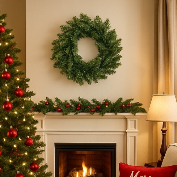 Sruoe 12In Christmas Wreath Norfolk Pine Christmas Garland Wreath, Soft Rubber Real Touch Artificial Garland for Front Door Entryway Bedroom Wall Christmas Decorations