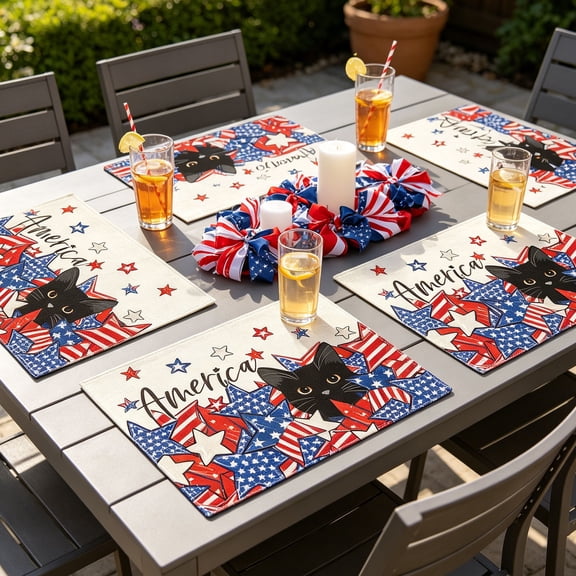 Sruoe 4 Pack Patriotic Blacks Cats Placemats America Starsed And Stripesed Linen Table Mats For 4th Of July Independence Day Kitchen Decor