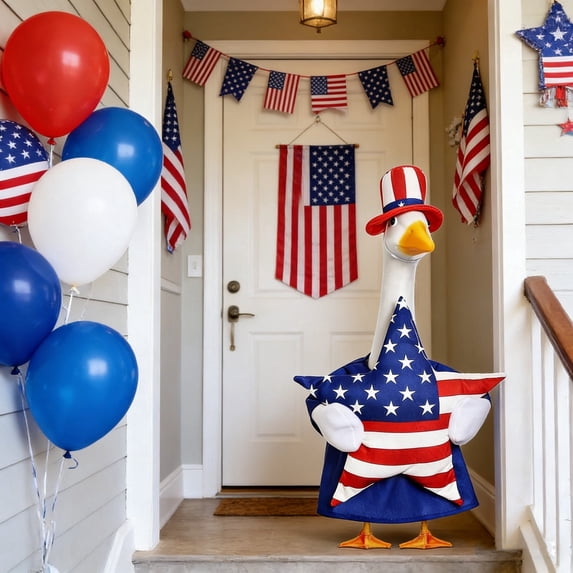 Sruoe 4th of July Porch Goose Outfits, Independence Day Goose Costume, Porch Goose Outfits Yard Decor, Patriotic Duck Clothes for Summer Holiday Outdoor Garden Yard Lawn Patio Statue Decor