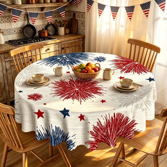 Sruoe 4th Of July Round Tablecloth 59.8Inch Polyester Patriotic Star Table Cover Waterproof Stain Resistant Wrinkle Free Independence Day Decor For BBQ Picnic Kitchen Dining Home Party