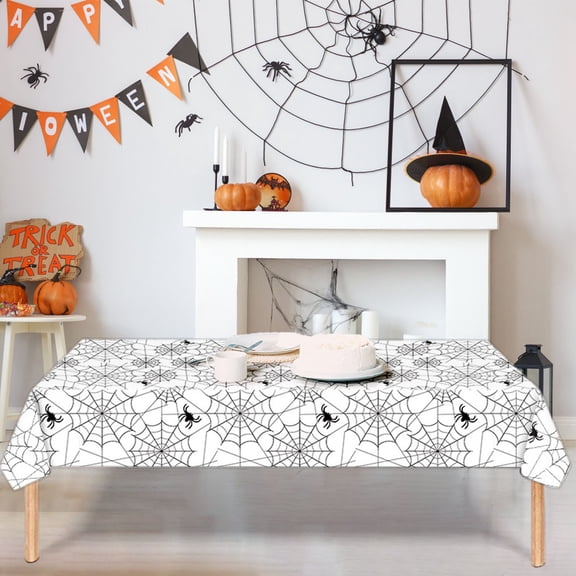 Sruoe 53.9x107.9in Disposable Plastic Spider Web Tablecloth, Waterproof Spill Proof Rectangular Table Cover, One Time Use Halloween Party Banquet Dining Table Protective Decor Cloth
