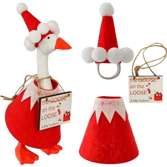Sruoe 7 Inch Desk Goose Outfits, Mini Elf Felt with Pom‑Pom Hat & Wooden Tag Porch Goose Clothes, Desktop Goose Outfits, Costume Clothes for Table Decor, Christmas Holiday Tabletop Goose Accessory