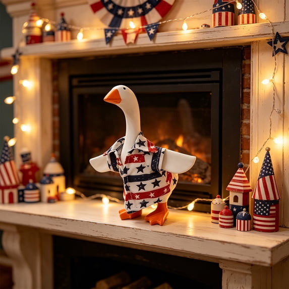 Sruoe 7 Inch Desk Goose Outfits, Mini Patriotic Star‑Striped Button‑Up Shirt Porch Goose Clothes, Desktop Goose Outfits, Costume Clothes for Table Decor, Independence Day Tabletop Goose Accessory