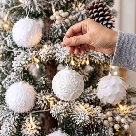 Sruoe 9Pack White Christmas Ball Ornaments, 3‑Style Petal Embossed Shatterproof Hanging Baubles, Decorative Hanging Ornaments for Xmas Tree Wedding Home Holiday Decor