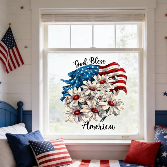 Sruoe America Window Decal Flower Floral USA Flag Wall Sticker For 4th Of July Independence Day Home Glass Decor