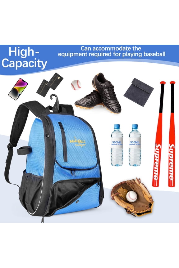 Baseball Softball Backpack, Large Capacity Sports Equipment Bag, Multifunctional Oxford Cloth Shoulder Bag with Fence Hook for Baseball Softball Training Blue
