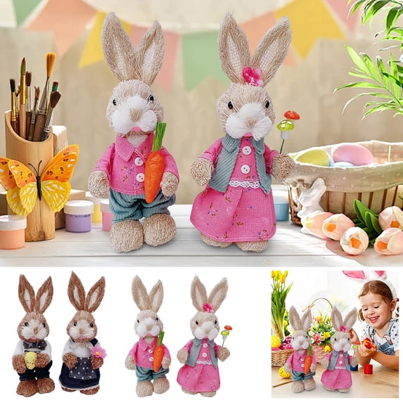 Sruoe Black Handcrafted Straw Easter Bunny Couple, Rustic Woven Rabbit Pair with Egg & Flower, Easter Decorations for Home Tabletop Ornament Spring Farmhouse Gift