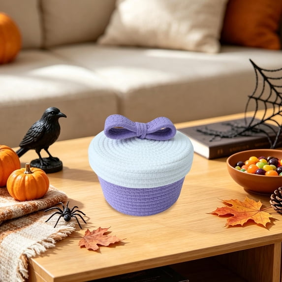 Sruoe Bow Decor Cotton Rope Covered Storage Bin Two Tone Woven Holiday Sweets Caddy for Desktop Household Stuff