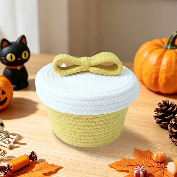 Sruoe Bow Decor Cotton Rope Covered Storage Bin Two Tone Woven Holiday Sweets Caddy for Desktop Household Stuff