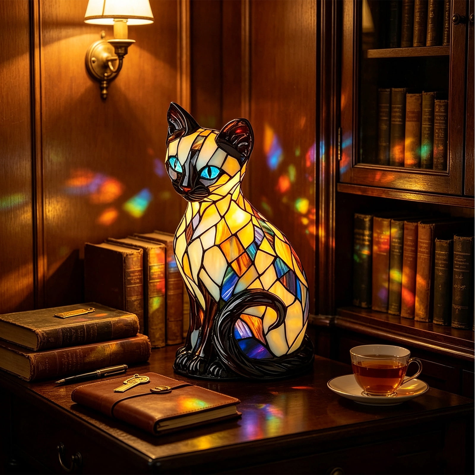 Sruoe Cat Stained Glass Table Lamp, Animal Night Light, Vintage Bedside Desk Lamp for Indoor Home Bedroom Office All Season Decoration